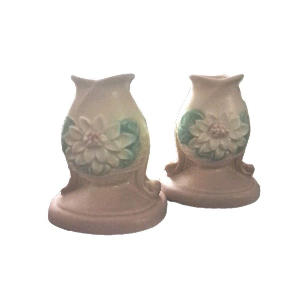 Set Of 2 Vintage Hull Pottery USA 4 3/8" Water Lily Candle Holders L22 Matte